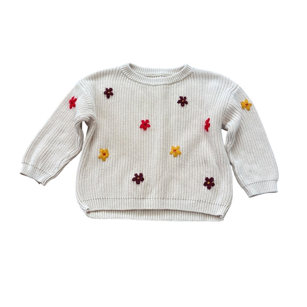 Unbranded Floral Knit Sweater Kids Cream Embroidered Boho Chunky SIZE 110/5T
